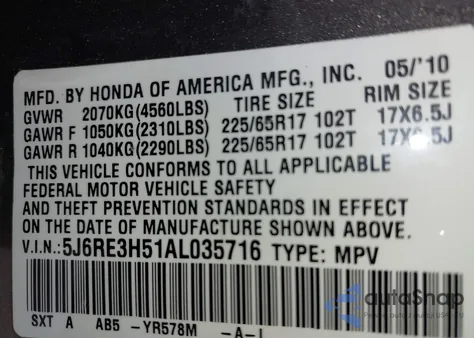 2010 Honda Cr-V Ex from USA, damaged, VIN 5J6RE3H51AL035716